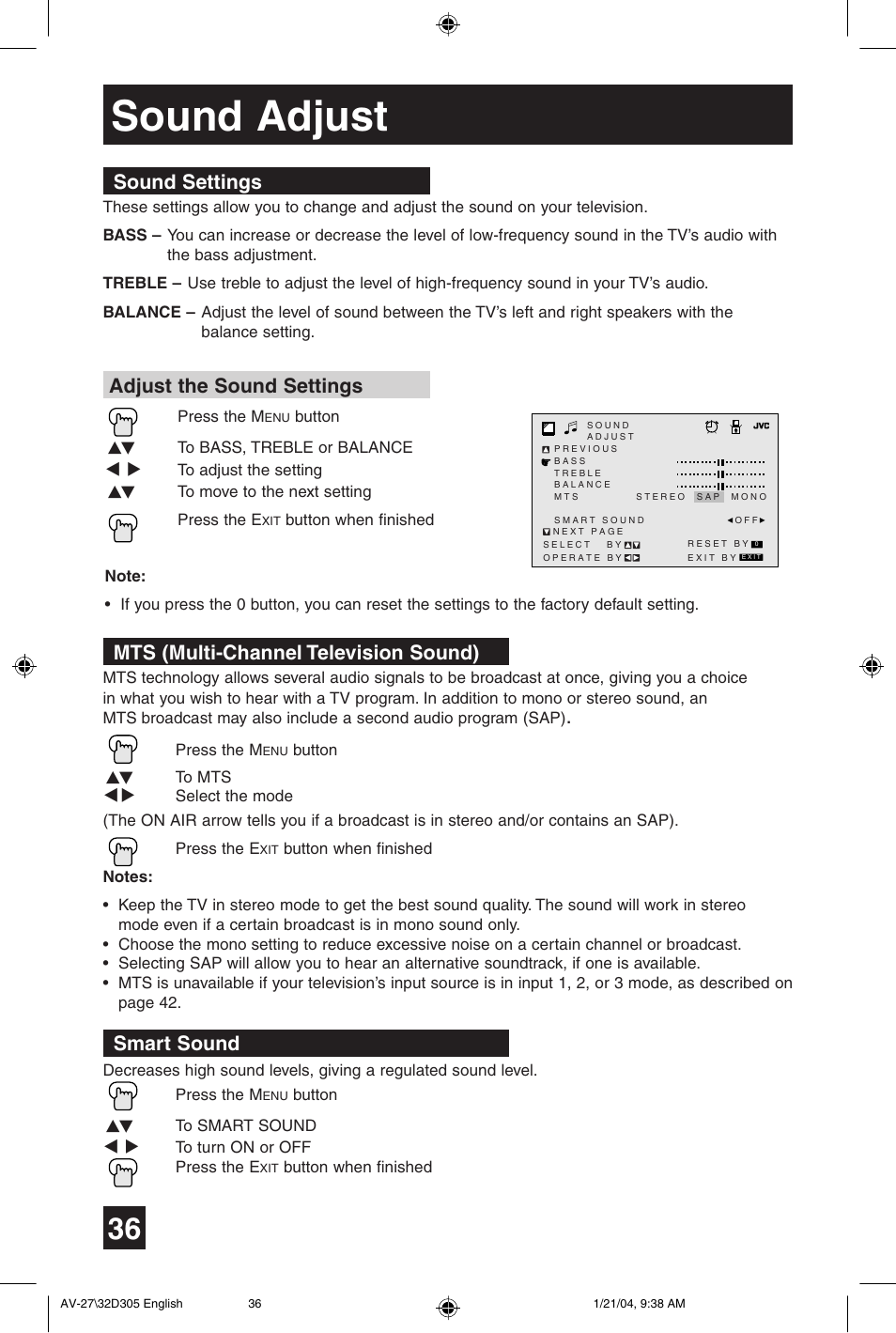 Sound adjust, Smart sound | JVC AV 32D305 User Manual | Page 36 / 48
