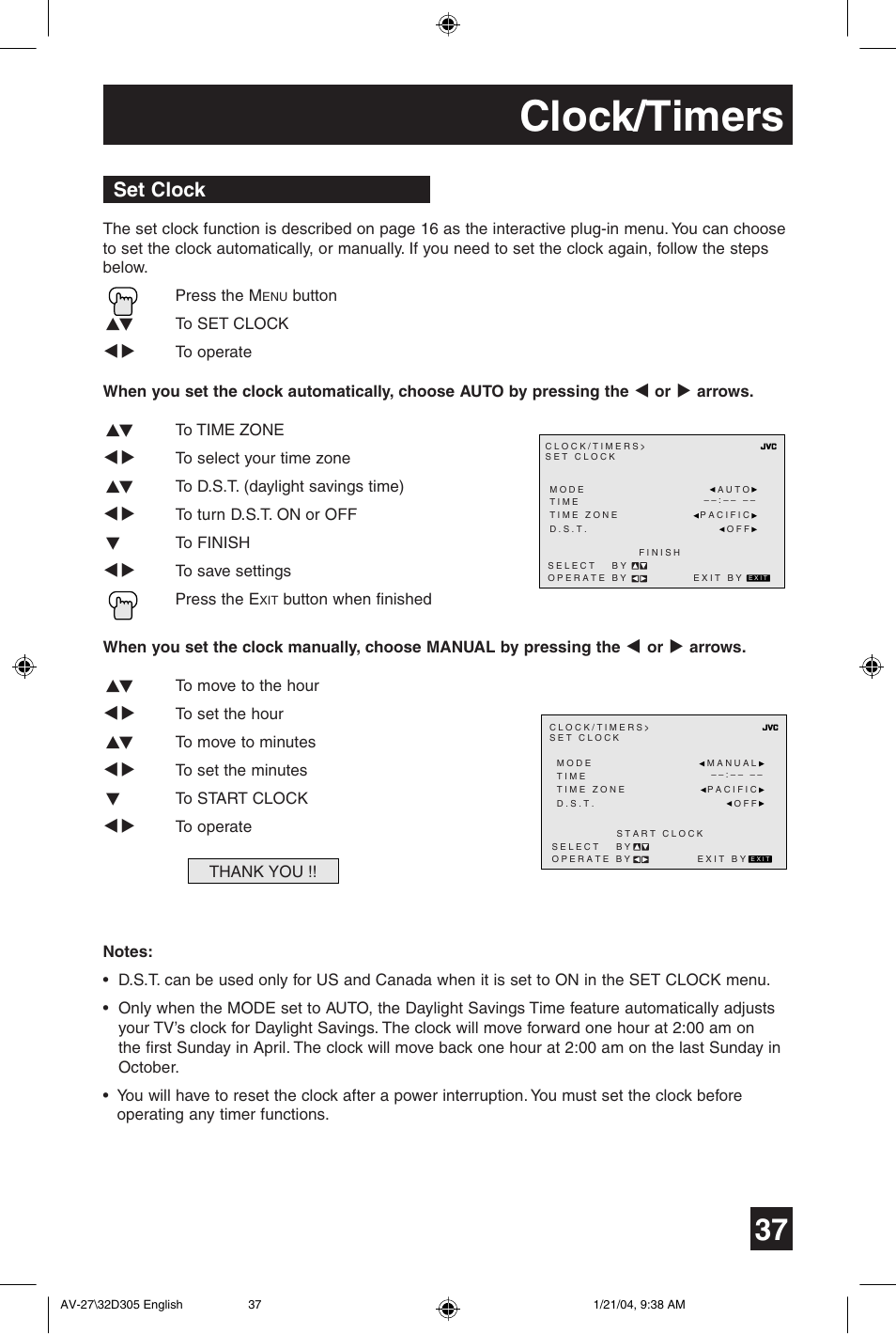 Clock/timers, Set clock | JVC AV 32D305 User Manual | Page 37 / 48