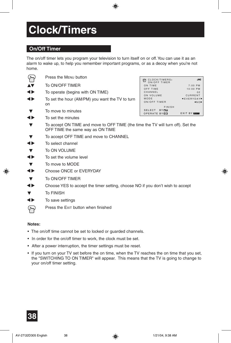 Clock/timers, On/off timer | JVC AV 32D305 User Manual | Page 38 / 48