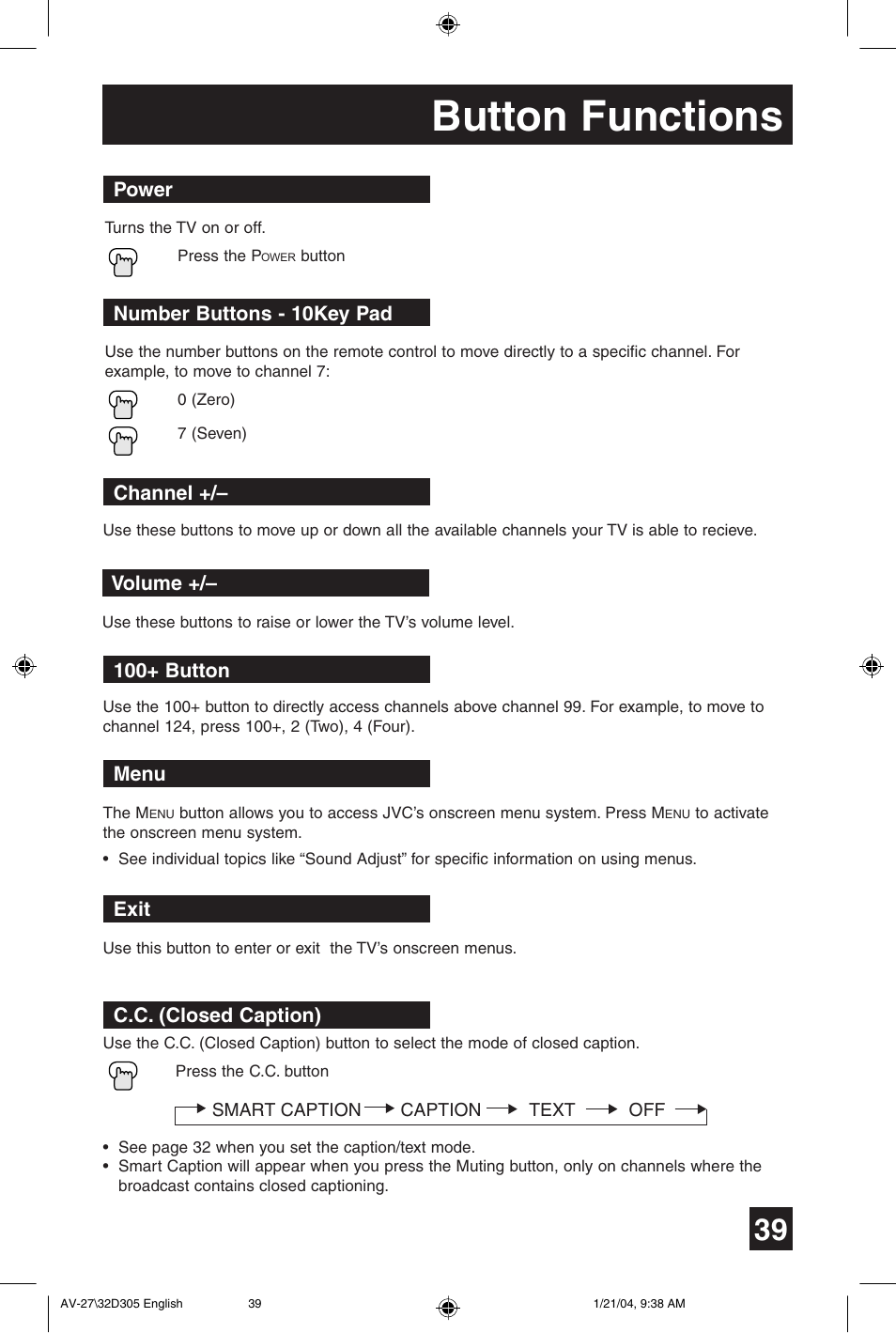 Button functions | JVC AV 32D305 User Manual | Page 39 / 48