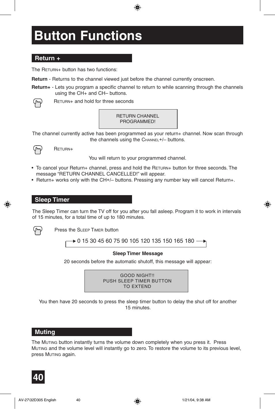 Button functions, Return, Muting | Sleep timer | JVC AV 32D305 User Manual | Page 40 / 48