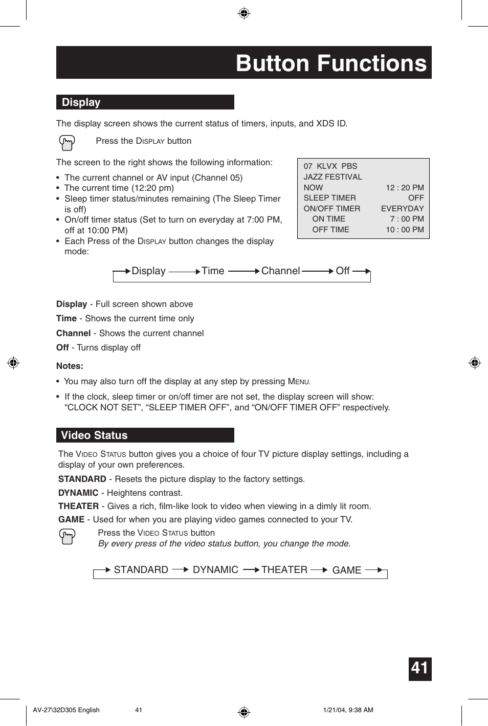 Button functions, Video status, Display | JVC AV 32D305 User Manual | Page 41 / 48