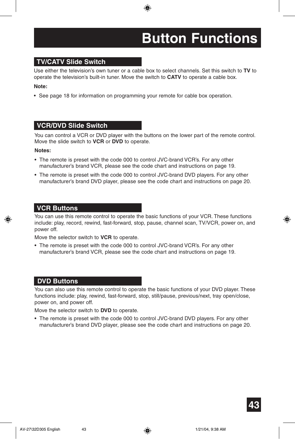 Button functions | JVC AV 32D305 User Manual | Page 43 / 48