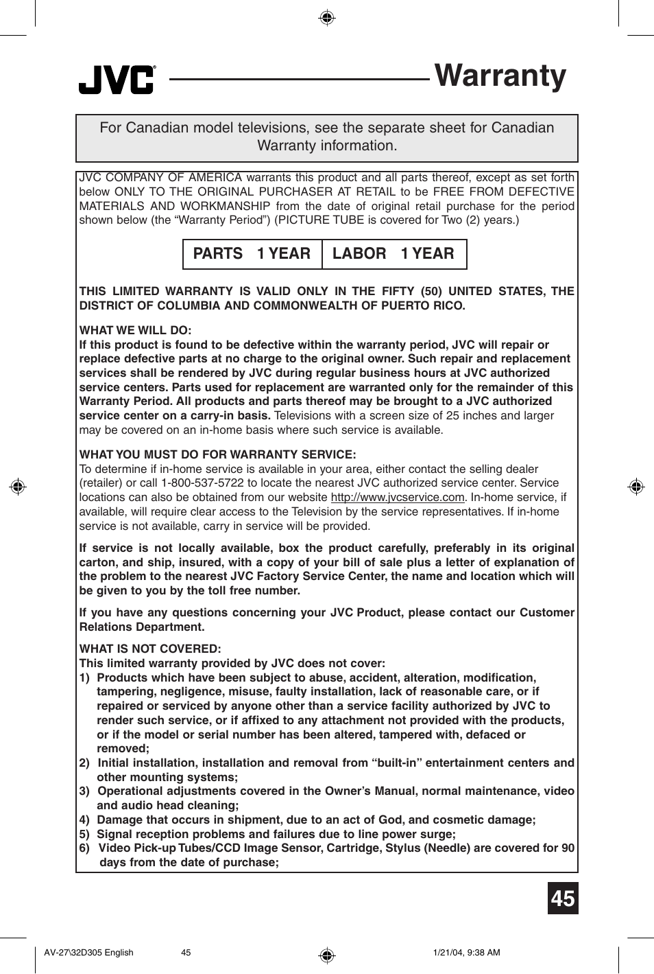 Warranty, Parts 1 year labor 1 year | JVC AV 32D305 User Manual | Page 45 / 48