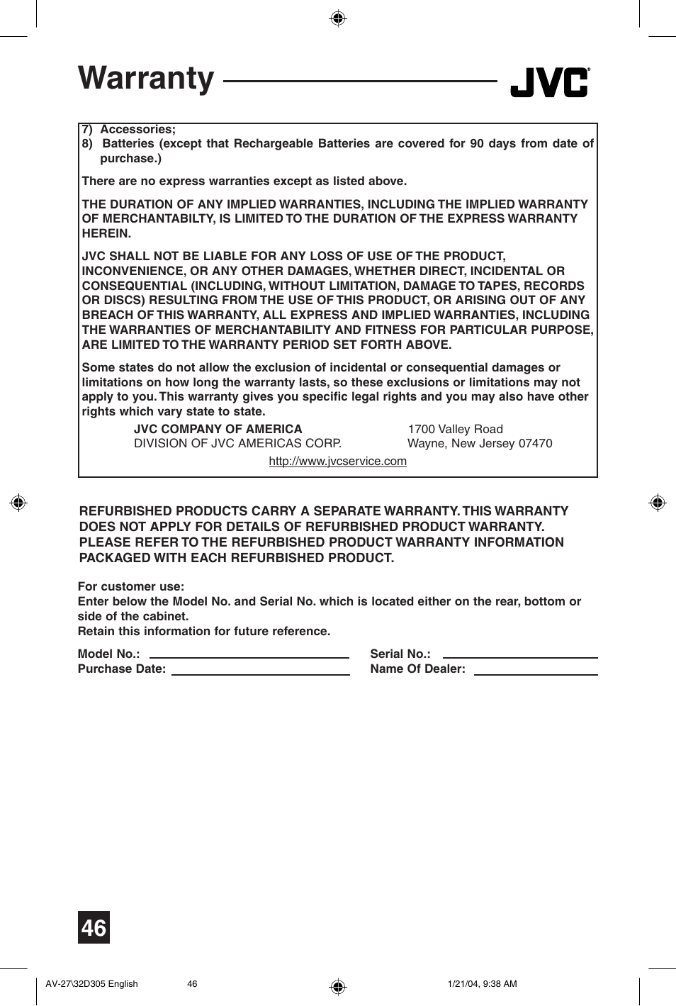 Warranty | JVC AV 32D305 User Manual | Page 46 / 48