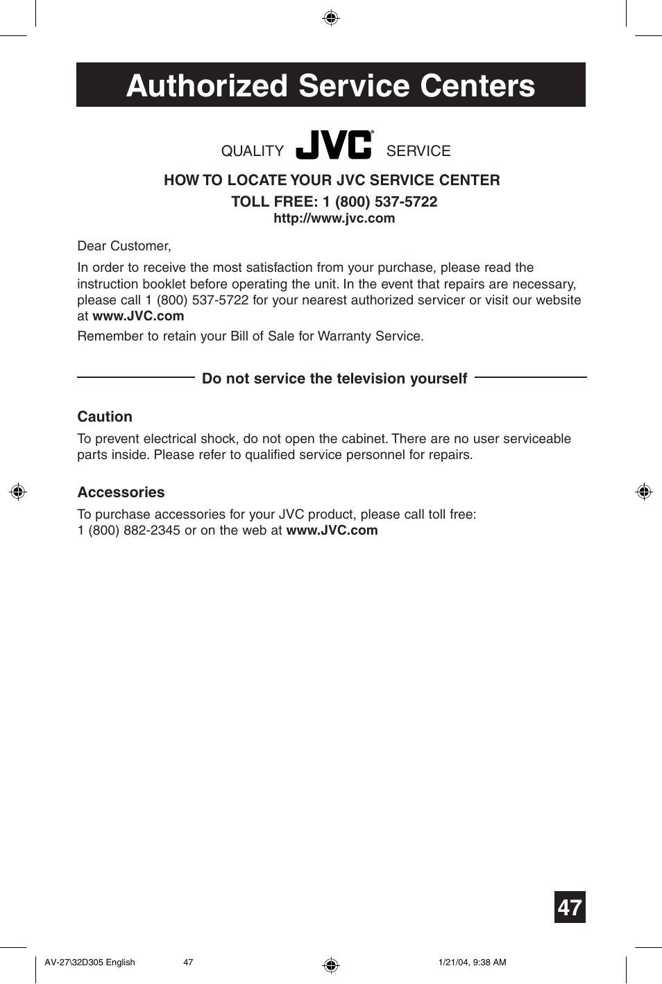 Authorized service centers | JVC AV 32D305 User Manual | Page 47 / 48
