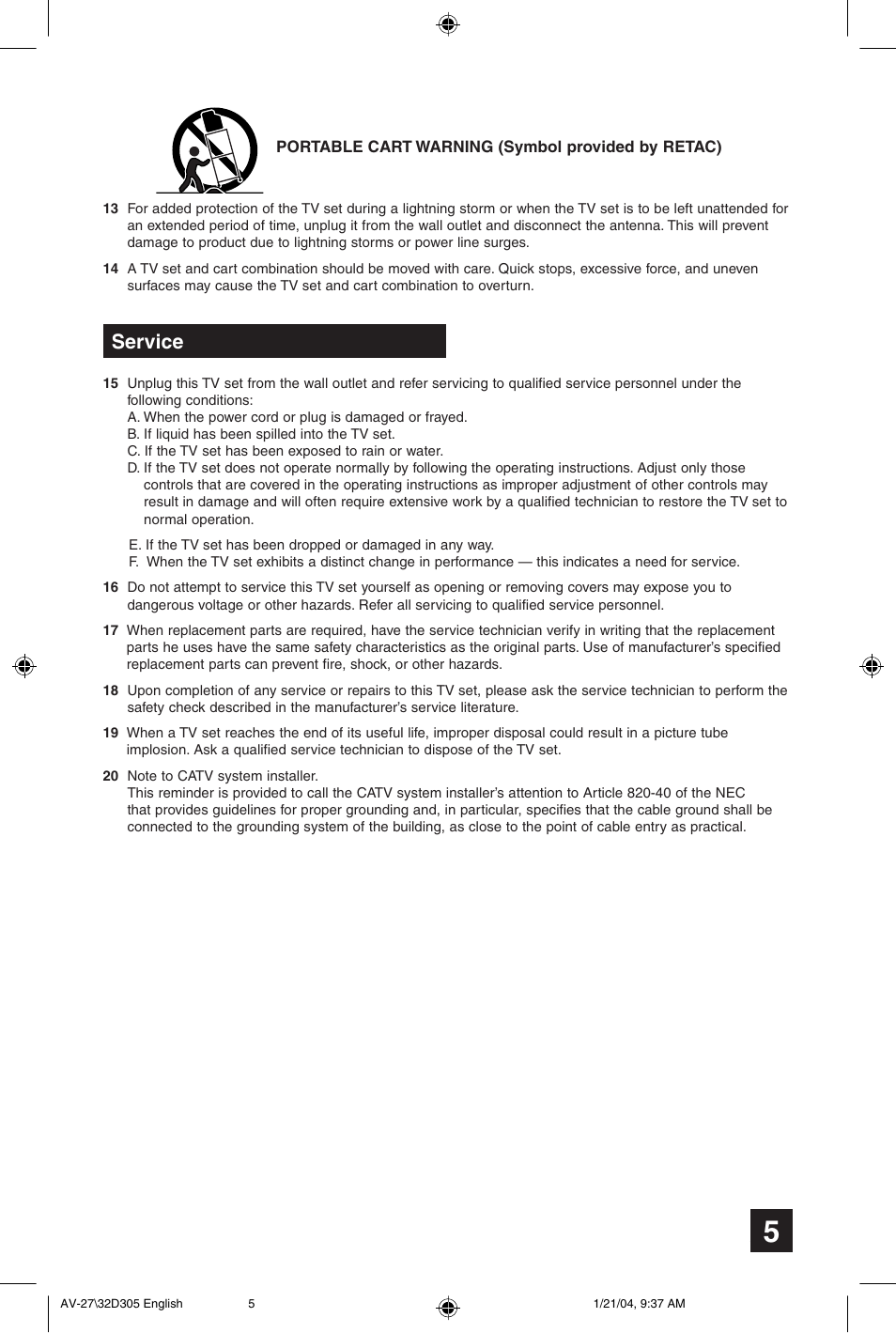 Service | JVC AV 32D305 User Manual | Page 5 / 48