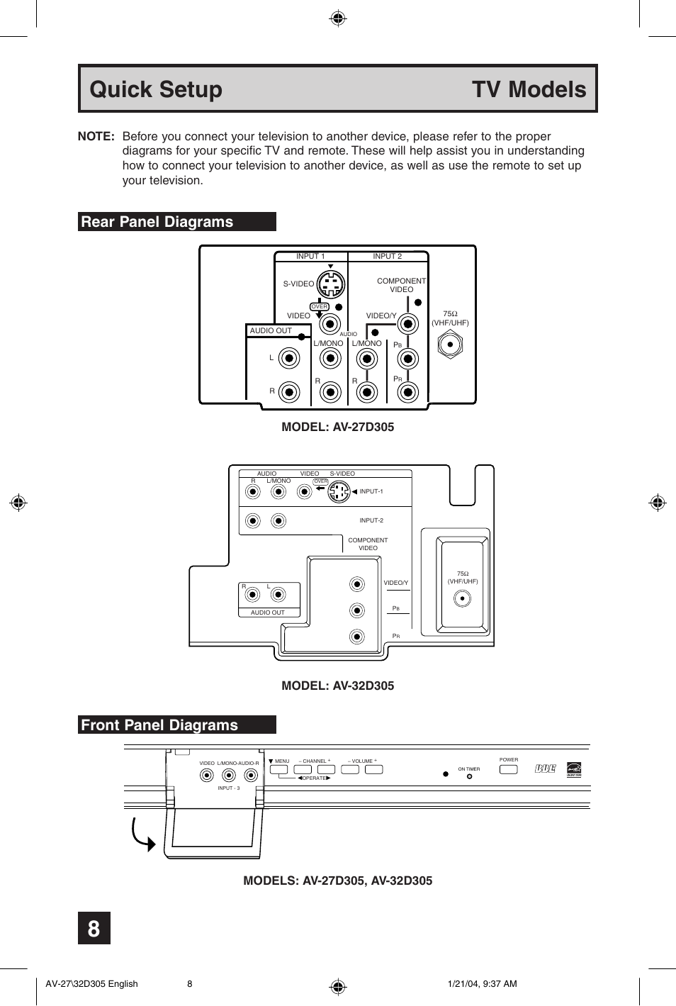 Quick setup tv models, Rear panel diagrams front panel diagrams | JVC AV 32D305 User Manual | Page 8 / 48