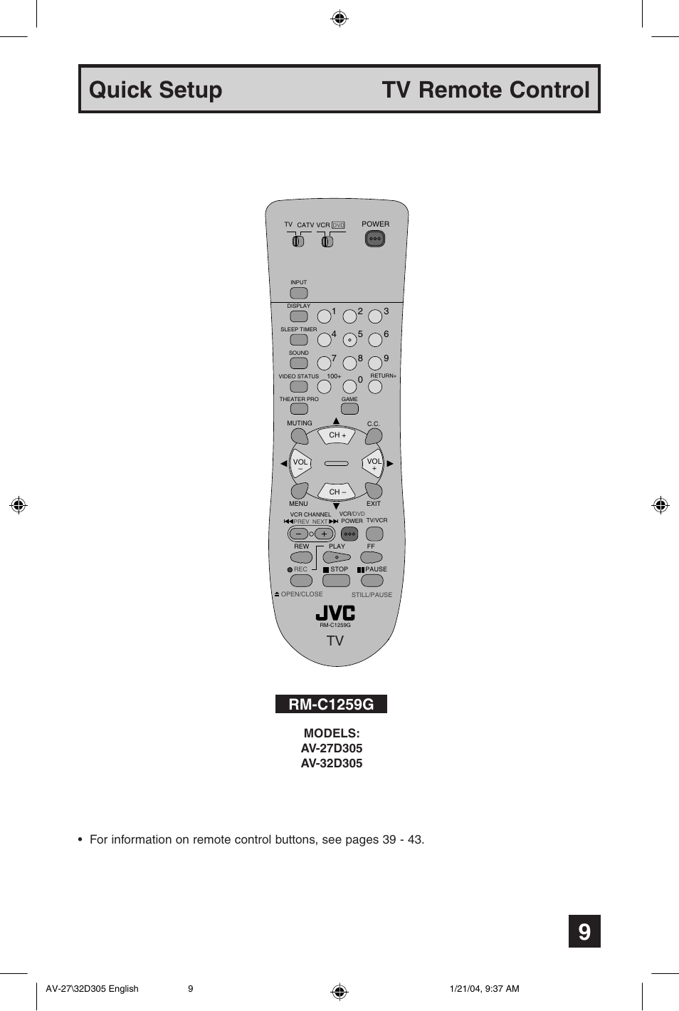 Quick setup tv remote control, Rm-c1259g | JVC AV 32D305 User Manual | Page 9 / 48