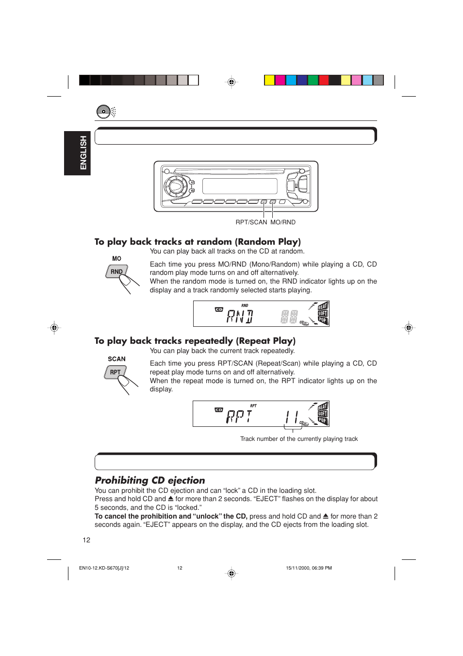 Selecting cd playback modes, Other convenient cd functions, Prohibiting cd ejection | JVC KD-S670 User Manual | Page 12 / 80