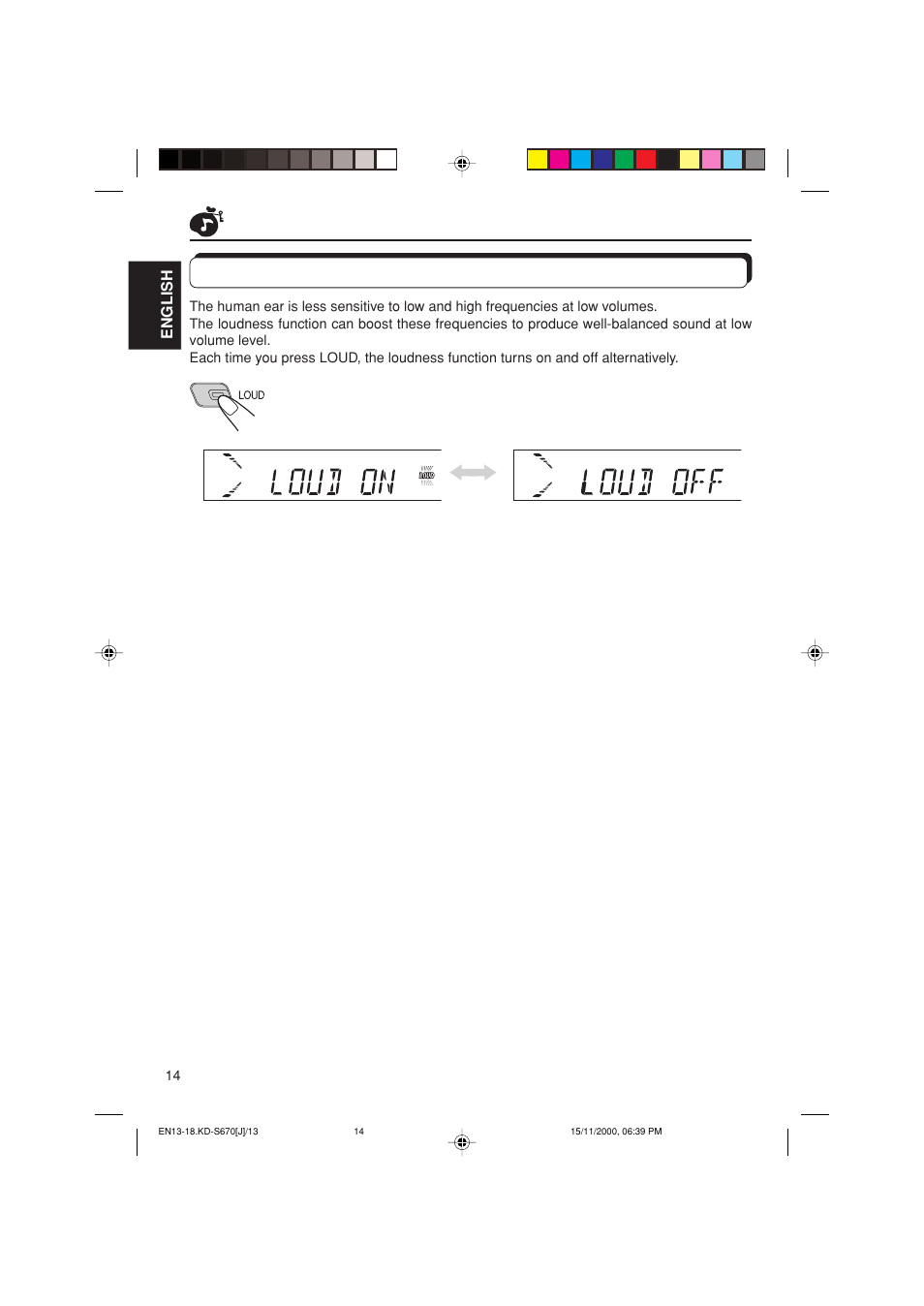 Turning on/off the loudness function | JVC KD-S670 User Manual | Page 14 / 80