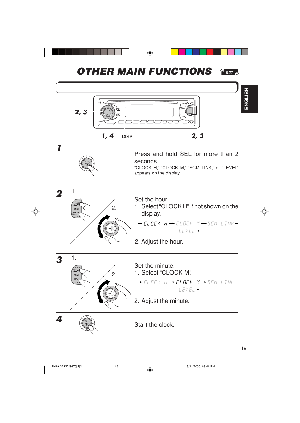 Other main functions, Setting the clock | JVC KD-S670 User Manual | Page 19 / 80