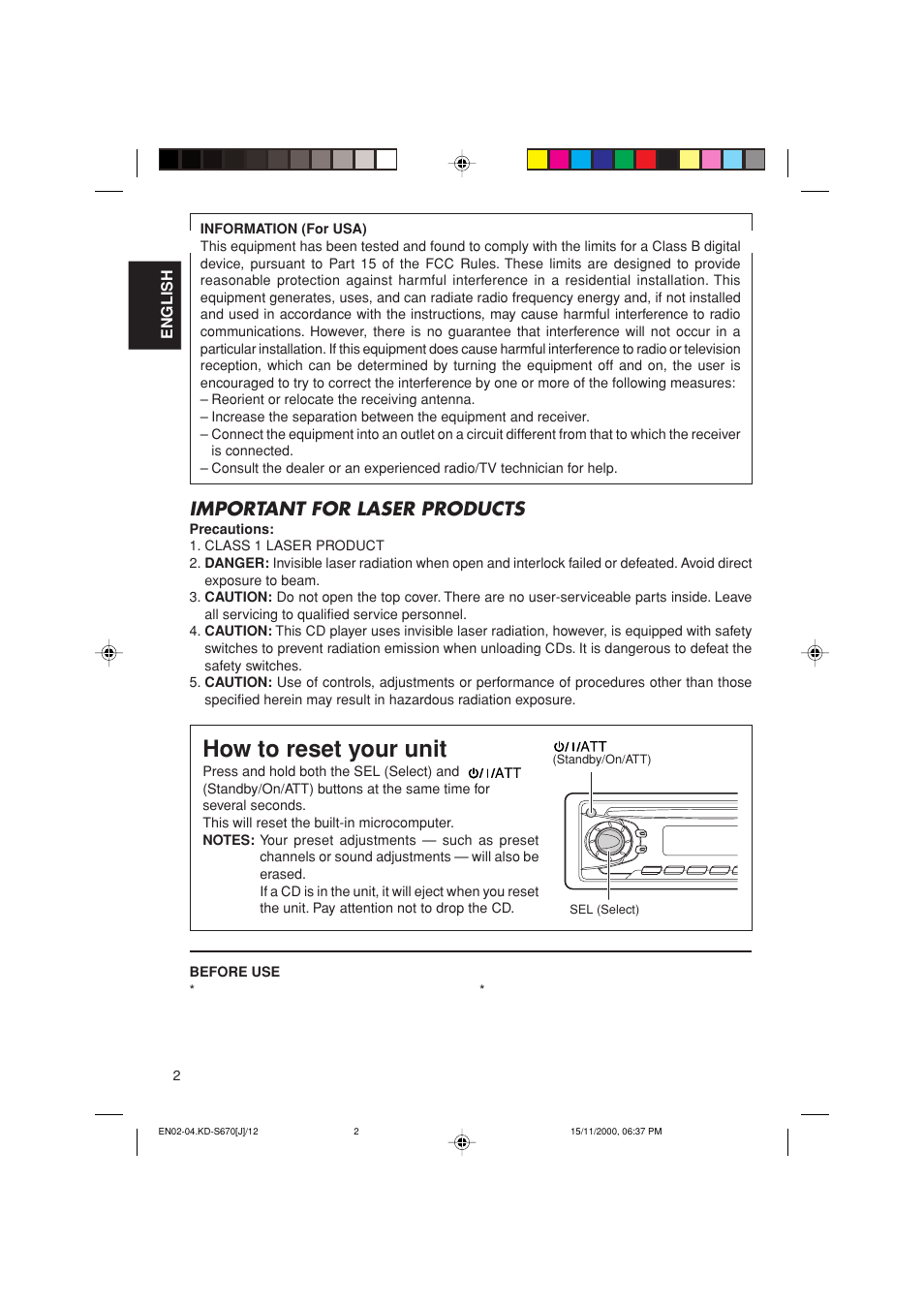 How to reset your unit, Important for laser products | JVC KD-S670 User Manual | Page 2 / 80
