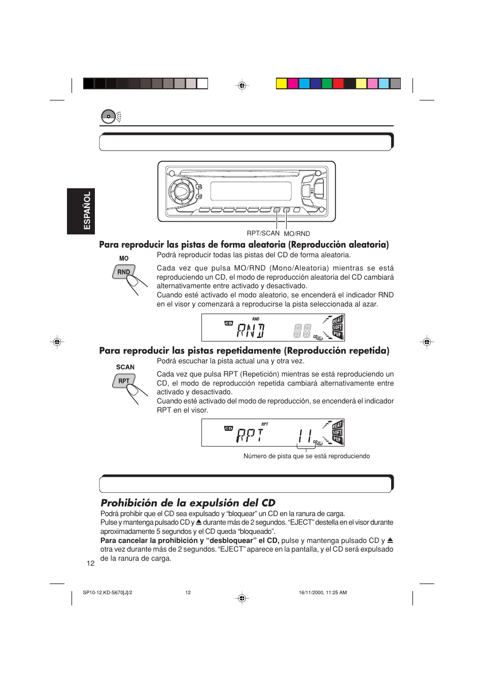 Como seleccionar los modos de reproduccion del cd, Otras convenientes funciones del reproductor de cd, Cómo seleccionar los modos de reproducción del cd | Prohibición de la expulsión del cd | JVC KD-S670 User Manual | Page 38 / 80