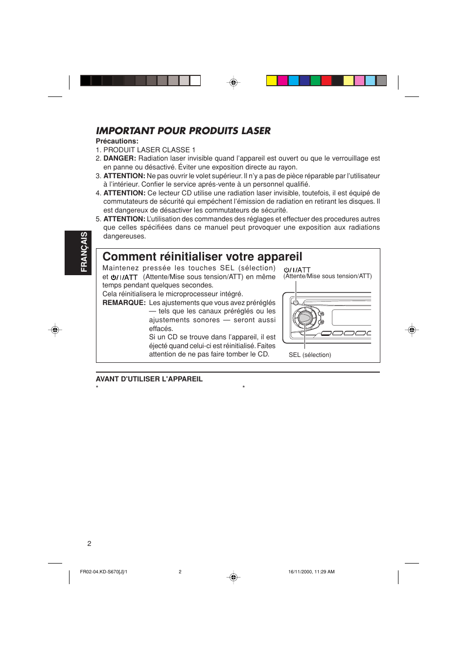 Comment reinitialiser votre appareil, Comment réinitialiser votre appareil, Important pour produits laser | JVC KD-S670 User Manual | Page 54 / 80