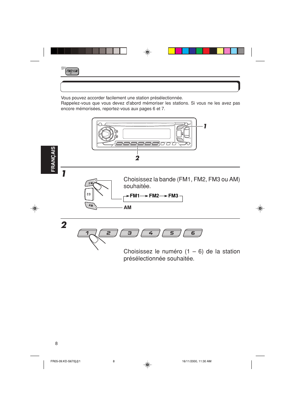 Accord d'une station preselectionnee, Accord d'une station présélectionnée | JVC KD-S670 User Manual | Page 60 / 80