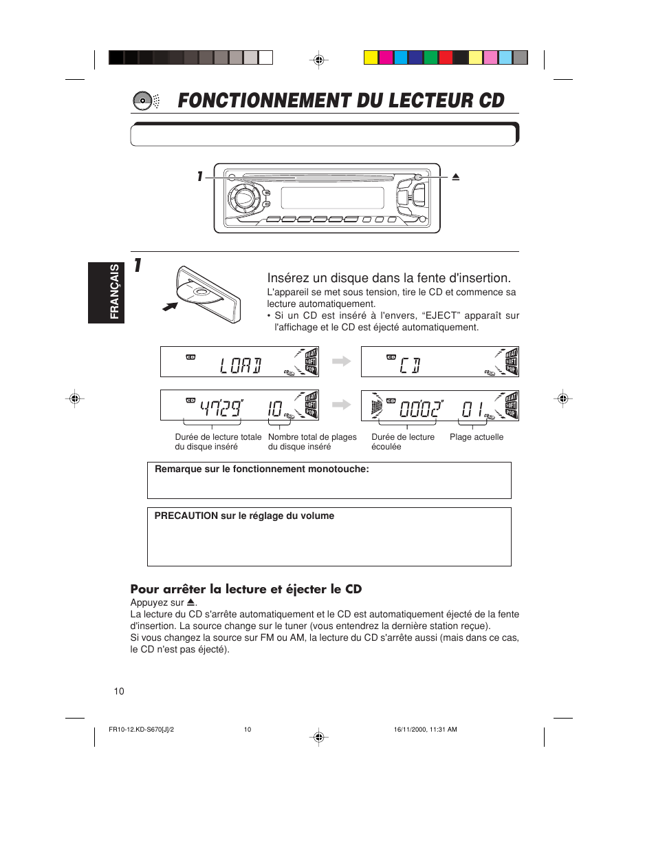 Fonctionnement du lecteur cd, Lecture d'un cd | JVC KD-S670 User Manual | Page 62 / 80