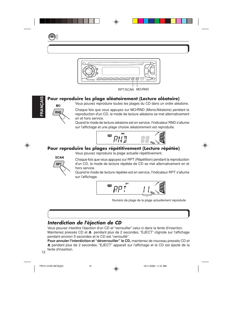 Selection des modes de lecture de cd, Autres fonctions pratiques du lecteur de cd, Sélection des modes de lecture de cd | Interdiction de l'éjection de cd | JVC KD-S670 User Manual | Page 64 / 80