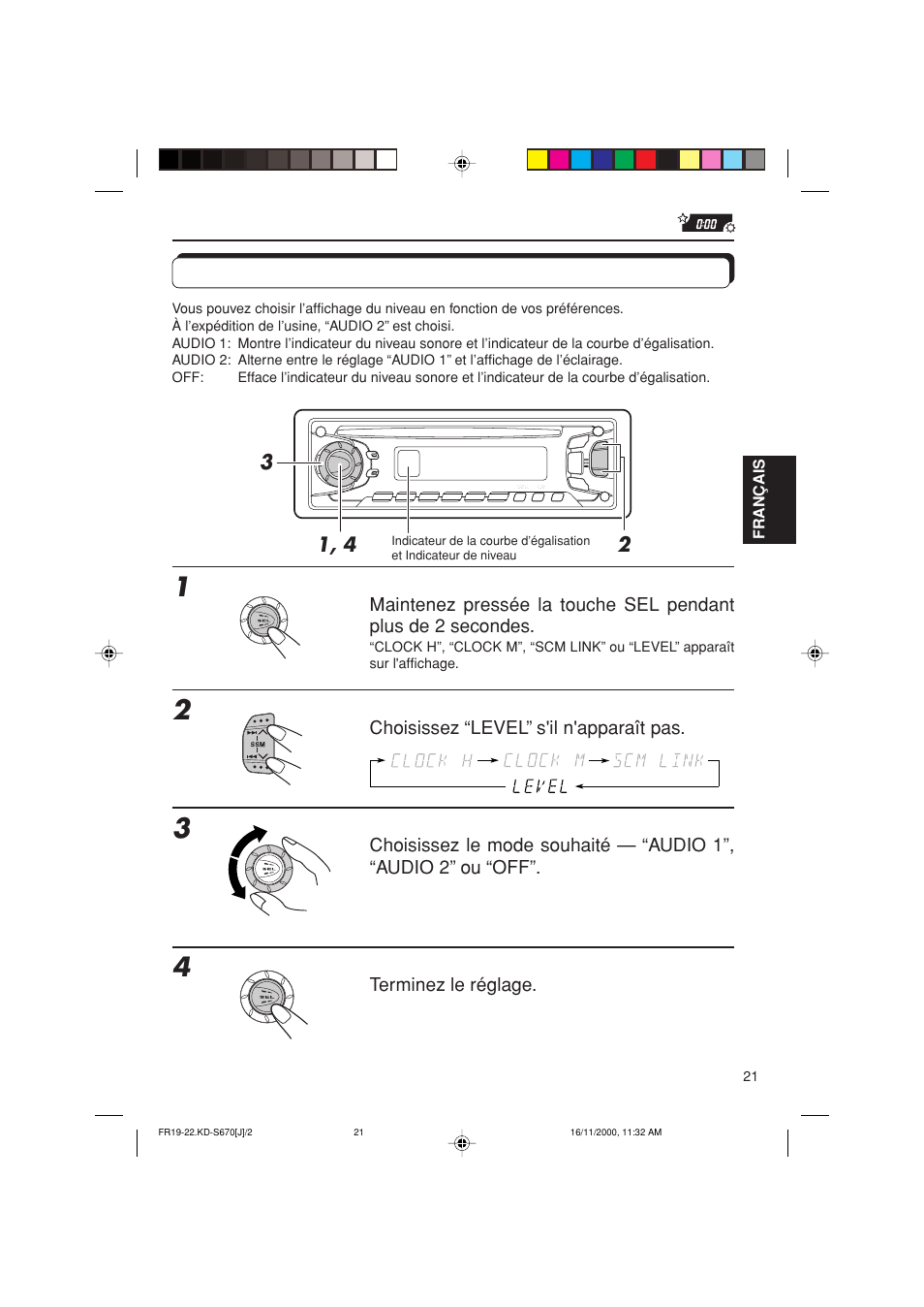 Selection de l’affichage du niveau, Sélection de l’affichage du niveau | JVC KD-S670 User Manual | Page 73 / 80