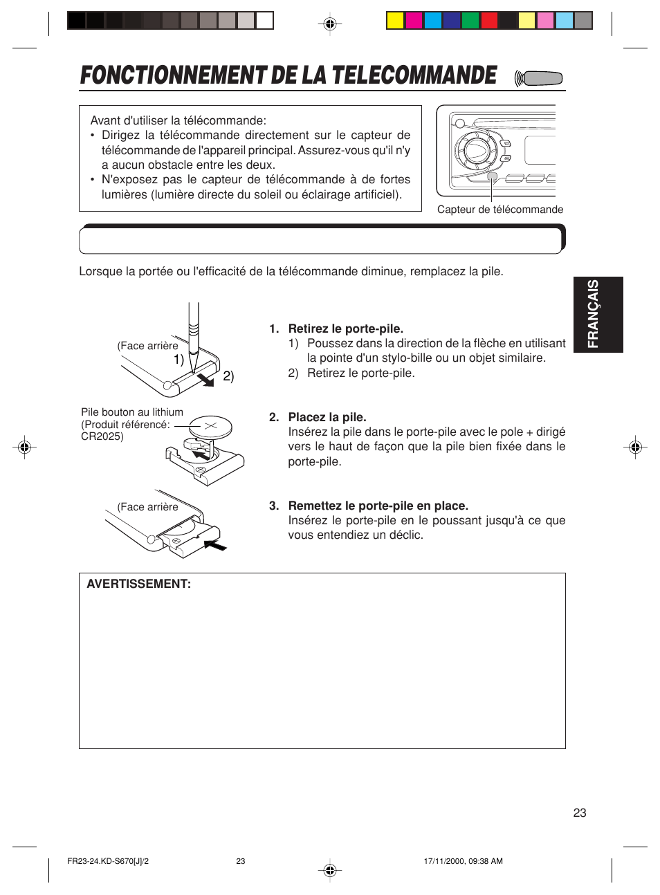 Fonctionnement de la telecommande, Mise en place des pile | JVC KD-S670 User Manual | Page 75 / 80