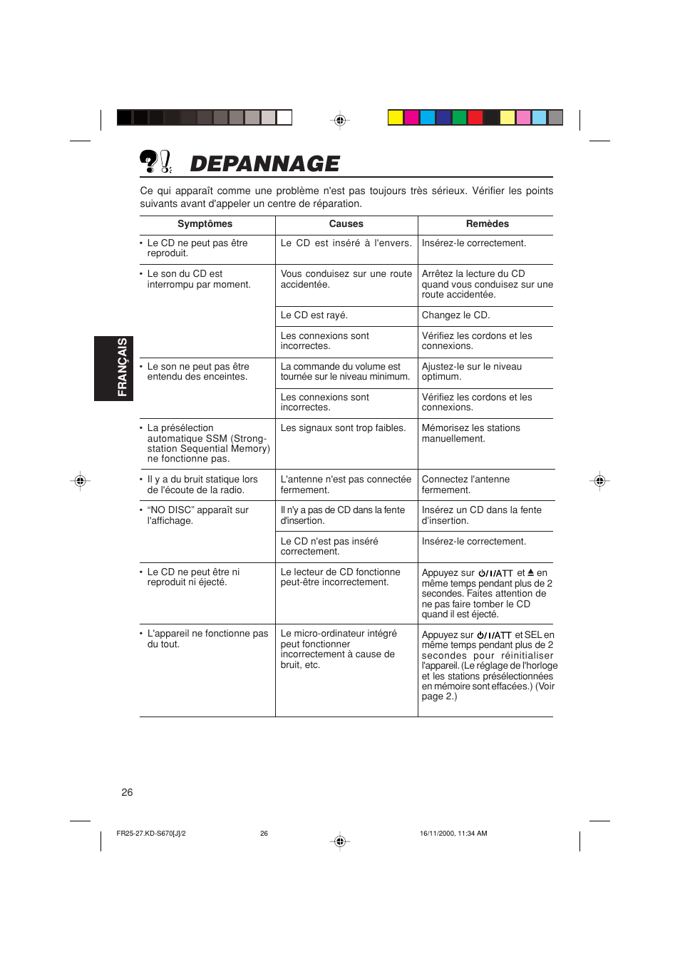Depannage | JVC KD-S670 User Manual | Page 78 / 80