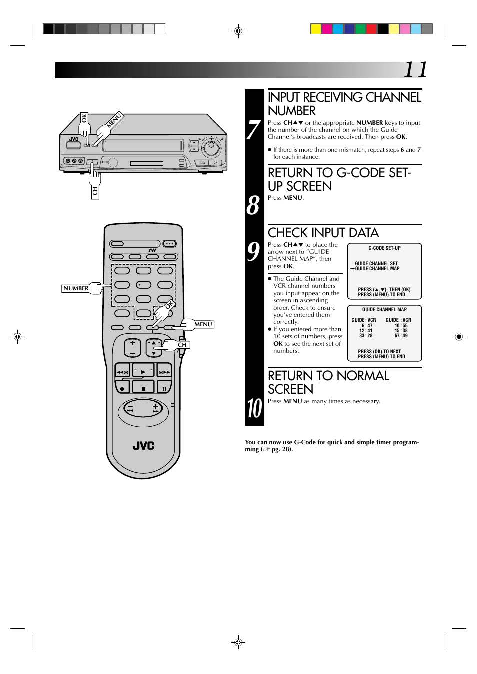 Input receiving channel number, Return to g-code set- up screen, Check input data | Return to normal screen | JVC HR-J631T User Manual | Page 11 / 46