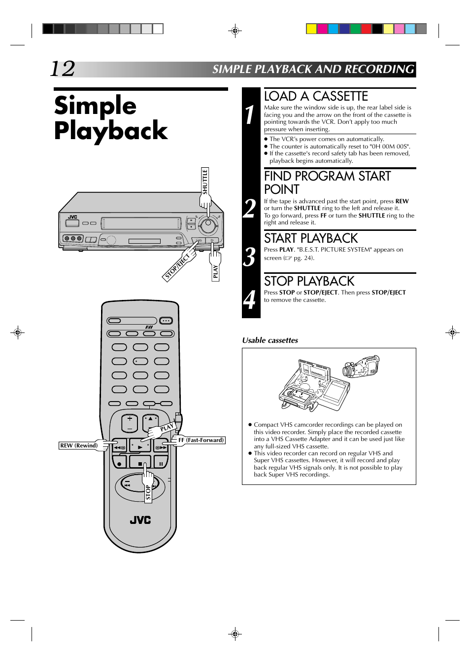 Simple playback, Load a cassette, Find program start point | Start playback, Stop playback, Simple playback and recording | JVC HR-J631T User Manual | Page 12 / 46