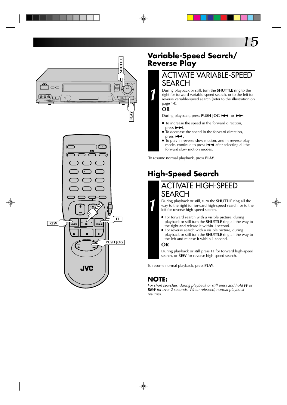 Activate variable-speed search, Activate high-speed search, Variable-speed search/ reverse play | High-speed search | JVC HR-J631T User Manual | Page 15 / 46