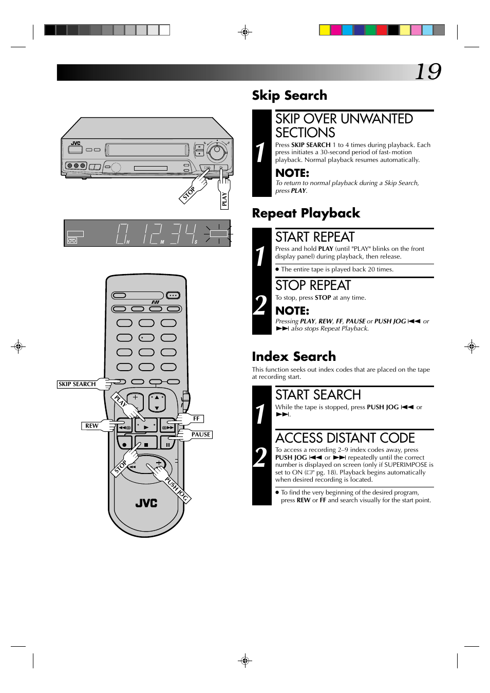 Start repeat, Stop repeat, Start search | Access distant code, Skip search repeat playback, Index search | JVC HR-J631T User Manual | Page 19 / 46