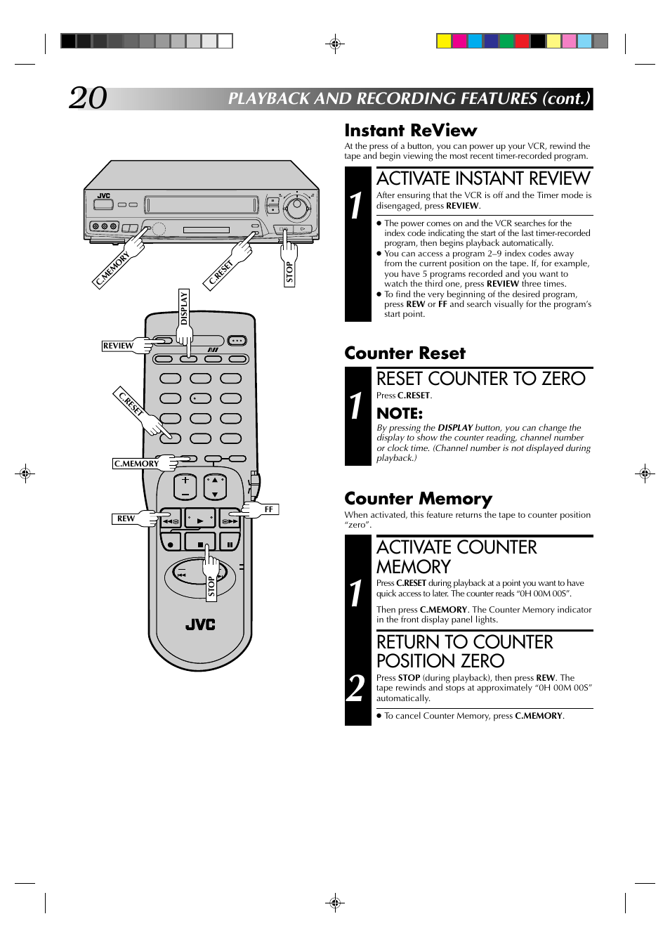 Activate instant review, Reset counter to zero, Return to counter position zero | Playback and recording features (cont.), Instant review, Counter reset | JVC HR-J631T User Manual | Page 20 / 46