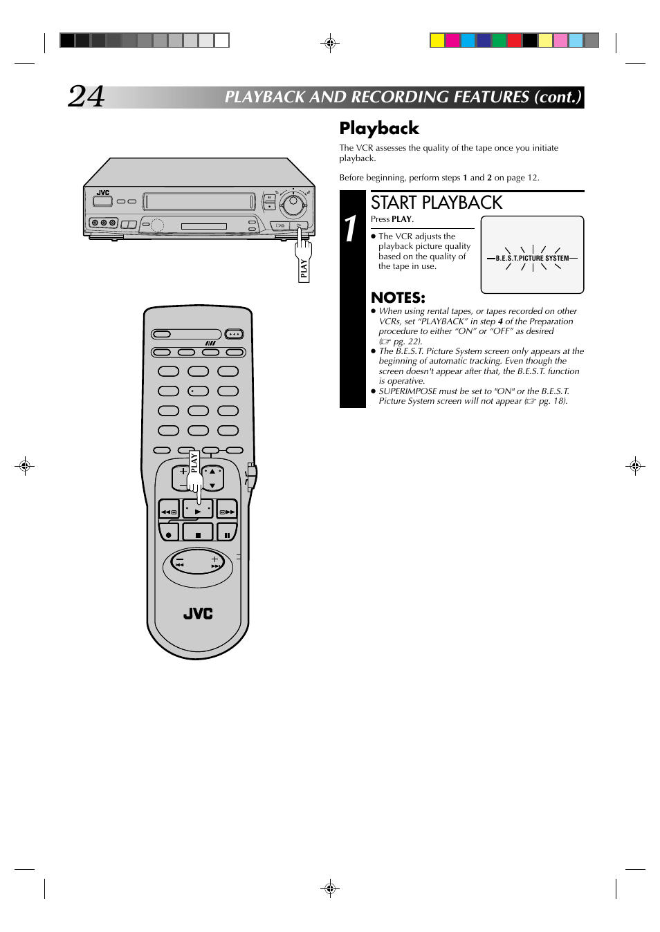 Start playback, Playback and recording features (cont.) playback | JVC HR-J631T User Manual | Page 24 / 46