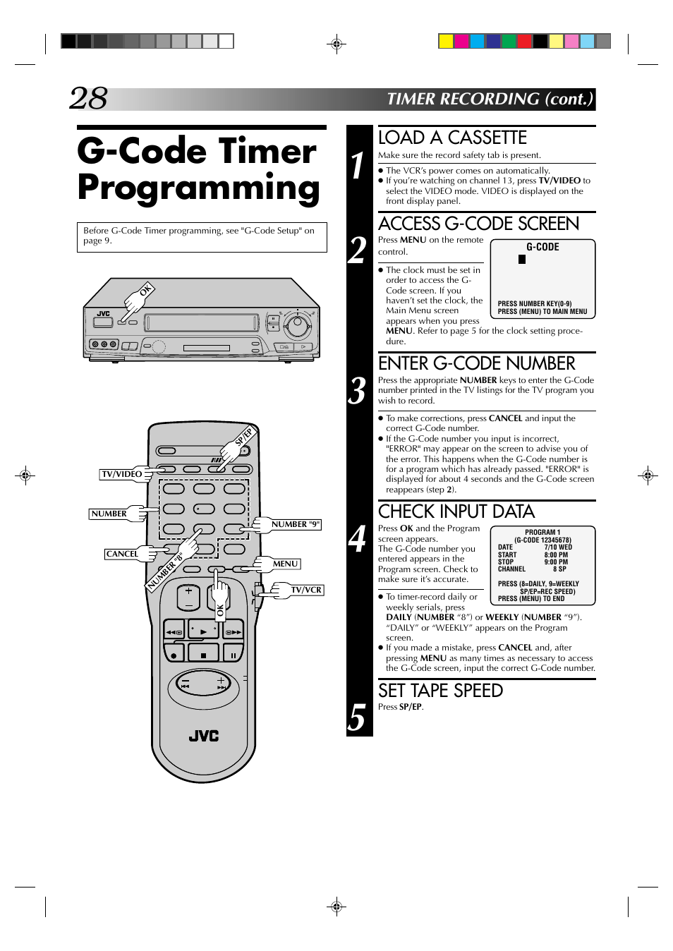 G-code timer programming, Load a cassette, Access g-code screen | Enter g-code number, Check input data, Set tape speed, Timer recording (cont.) | JVC HR-J631T User Manual | Page 28 / 46