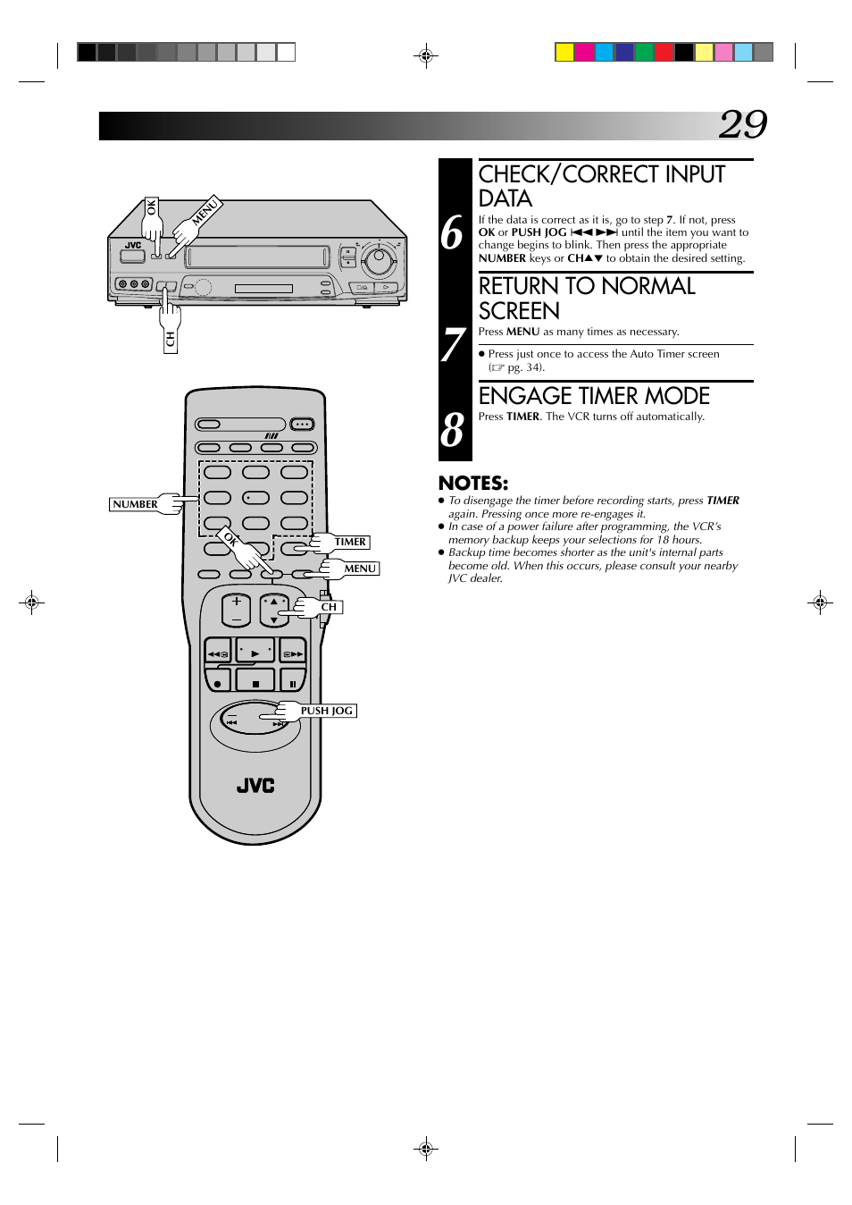 Check/correct input data, Return to normal screen, Engage timer mode | JVC HR-J631T User Manual | Page 29 / 46