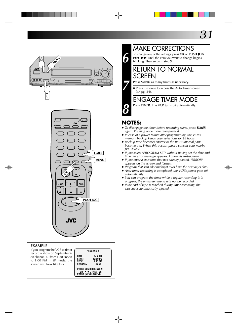 Make corrections, Return to normal screen, Engage timer mode | JVC HR-J631T User Manual | Page 31 / 46