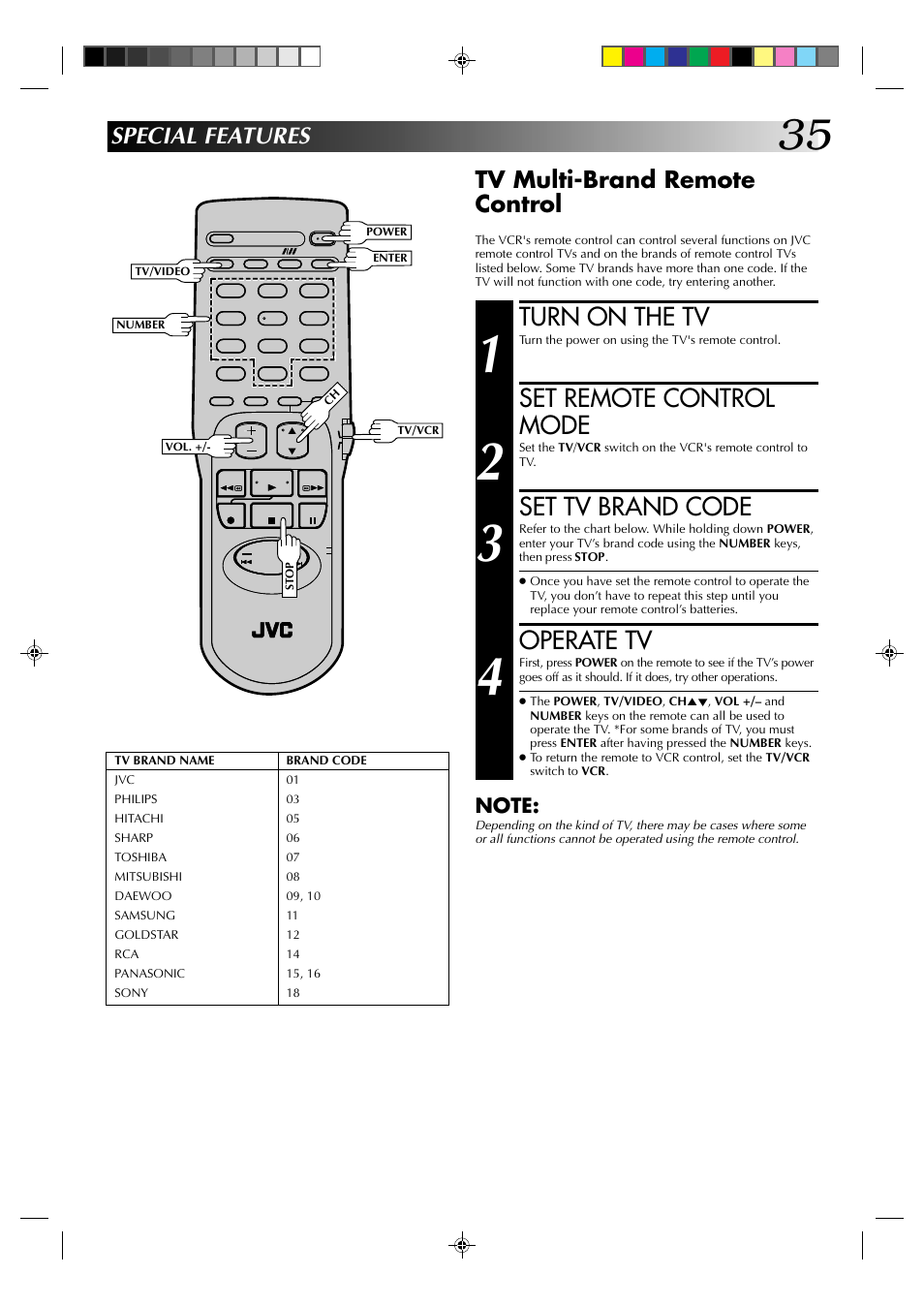 Turn on the tv, Set remote control mode, Set tv brand code | Operate tv, Special features tv multi-brand remote control | JVC HR-J631T User Manual | Page 35 / 46