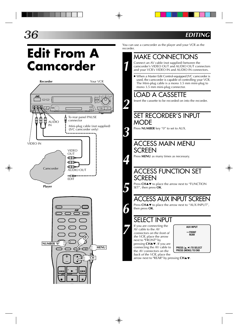 Edit from a camcorder, Make connections, Load a cassette | Set recorder’s input mode, Access main menu screen, Access function set screen, Access aux input screen, Select input, Editing | JVC HR-J631T User Manual | Page 36 / 46