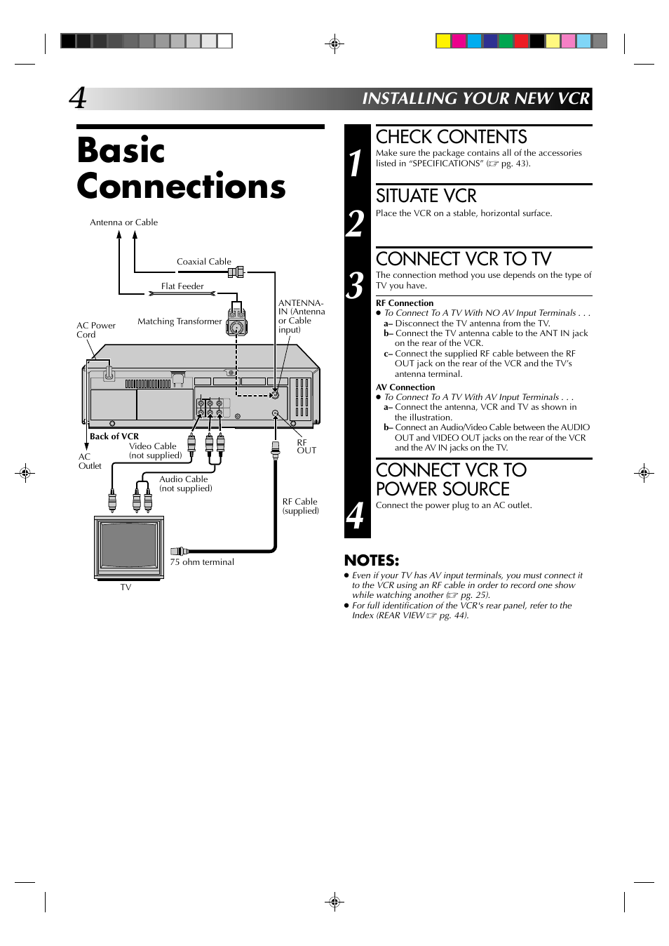 Basic connections, Check contents, Situate vcr | Connect vcr to tv, Connect vcr to power source, Installing your new vcr | JVC HR-J631T User Manual | Page 4 / 46