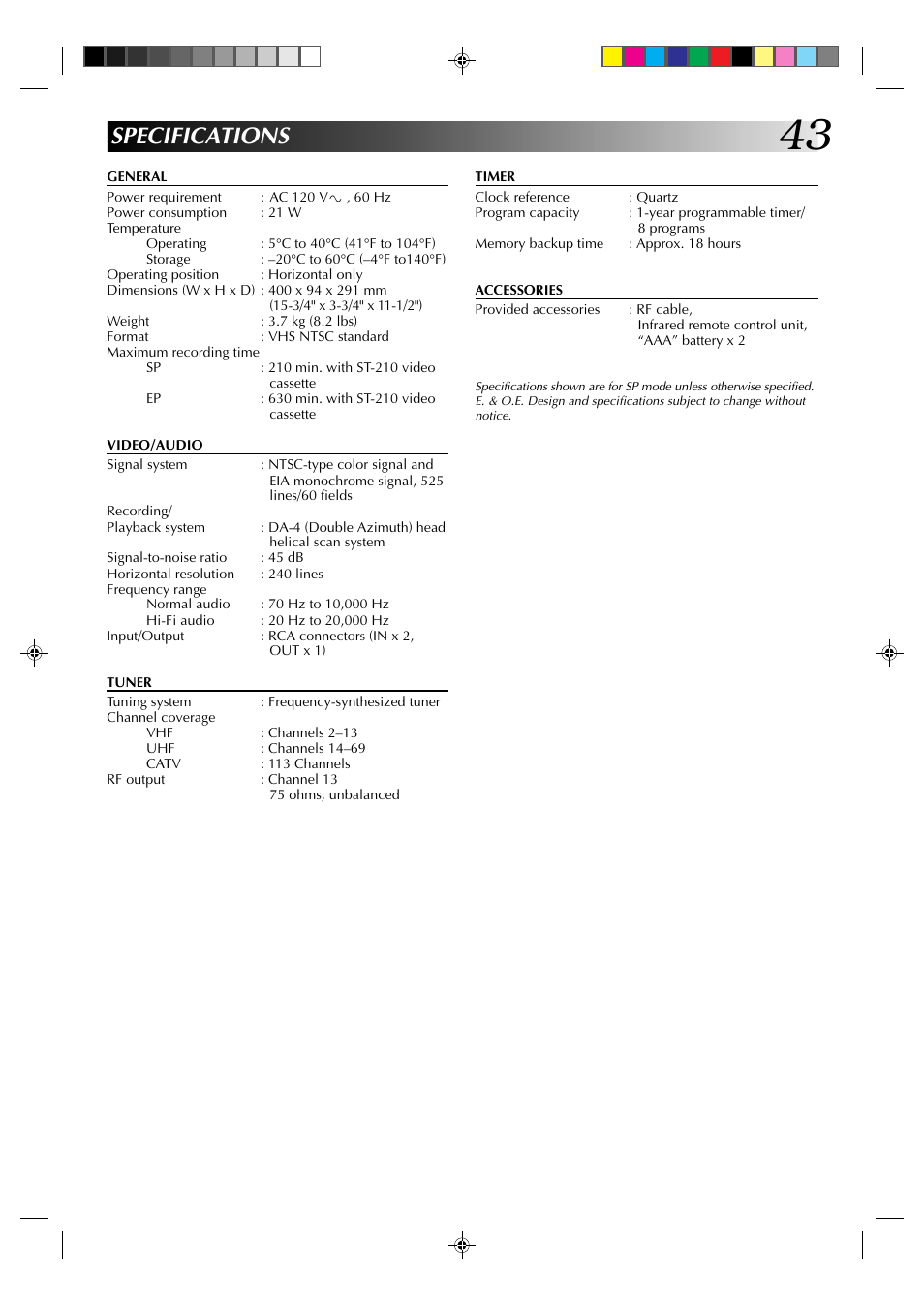 Specifications | JVC HR-J631T User Manual | Page 43 / 46