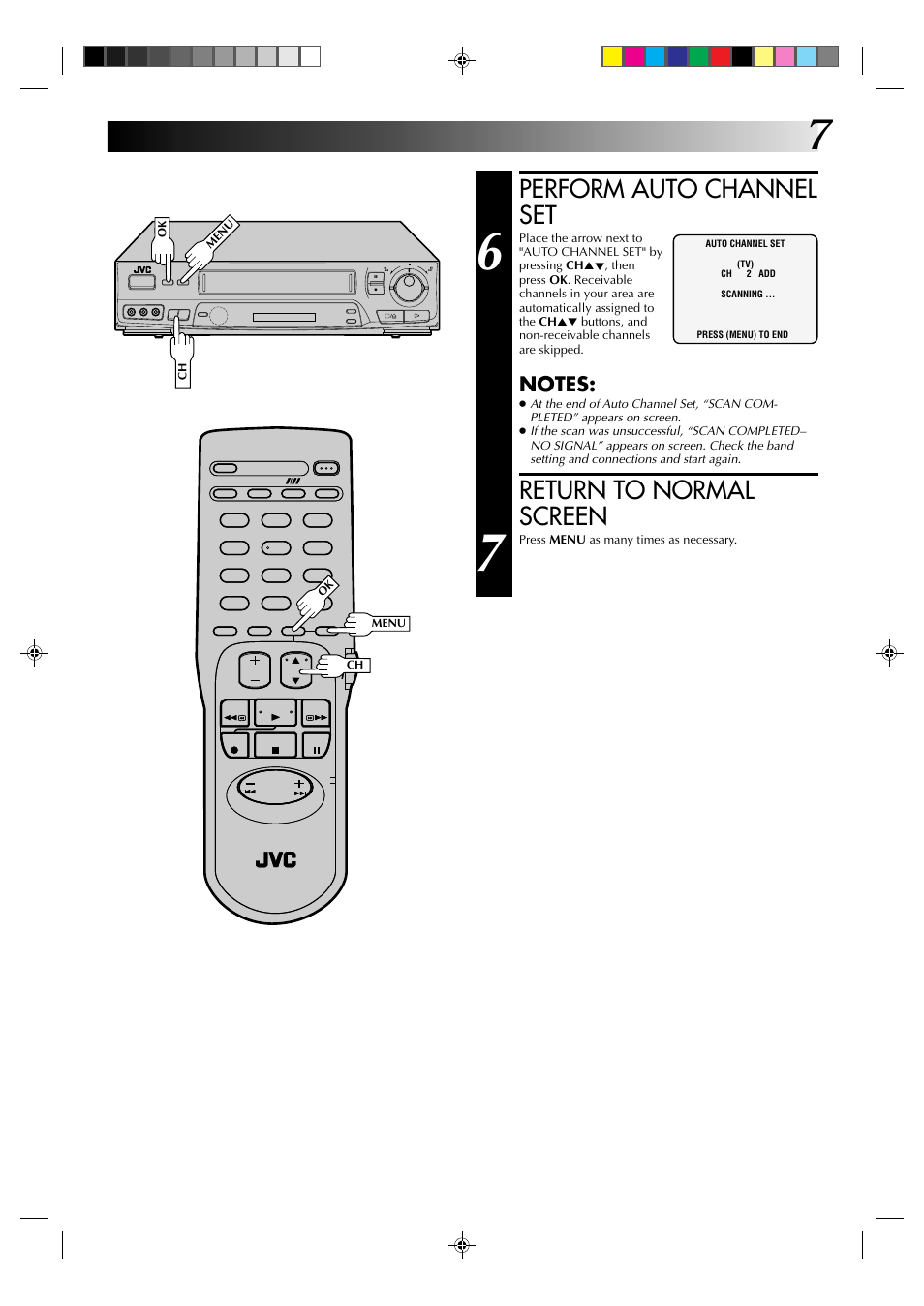 Perform auto channel set, Return to normal screen | JVC HR-J631T User Manual | Page 7 / 46