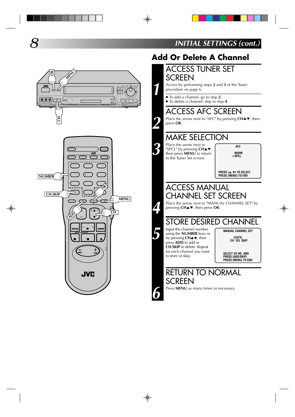 Access tuner set screen, Access afc screen, Make selection | Access manual channel set screen, Store desired channel, Return to normal screen, Add or delete a channel, Initial settings (cont.) | JVC HR-J631T User Manual | Page 8 / 46