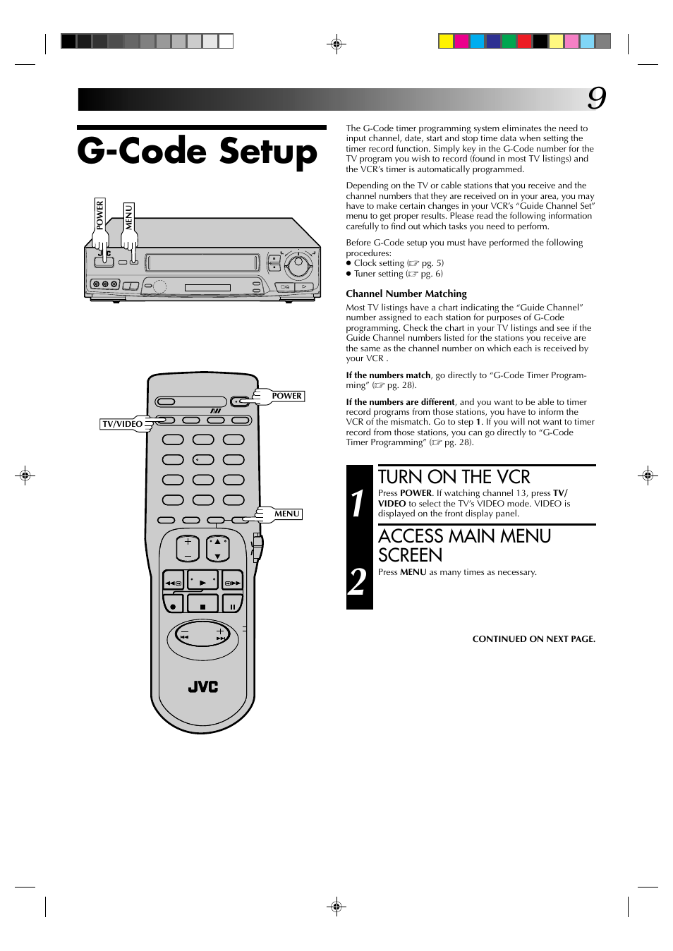 G-code setup, Turn on the vcr, Access main menu screen | JVC HR-J631T User Manual | Page 9 / 46