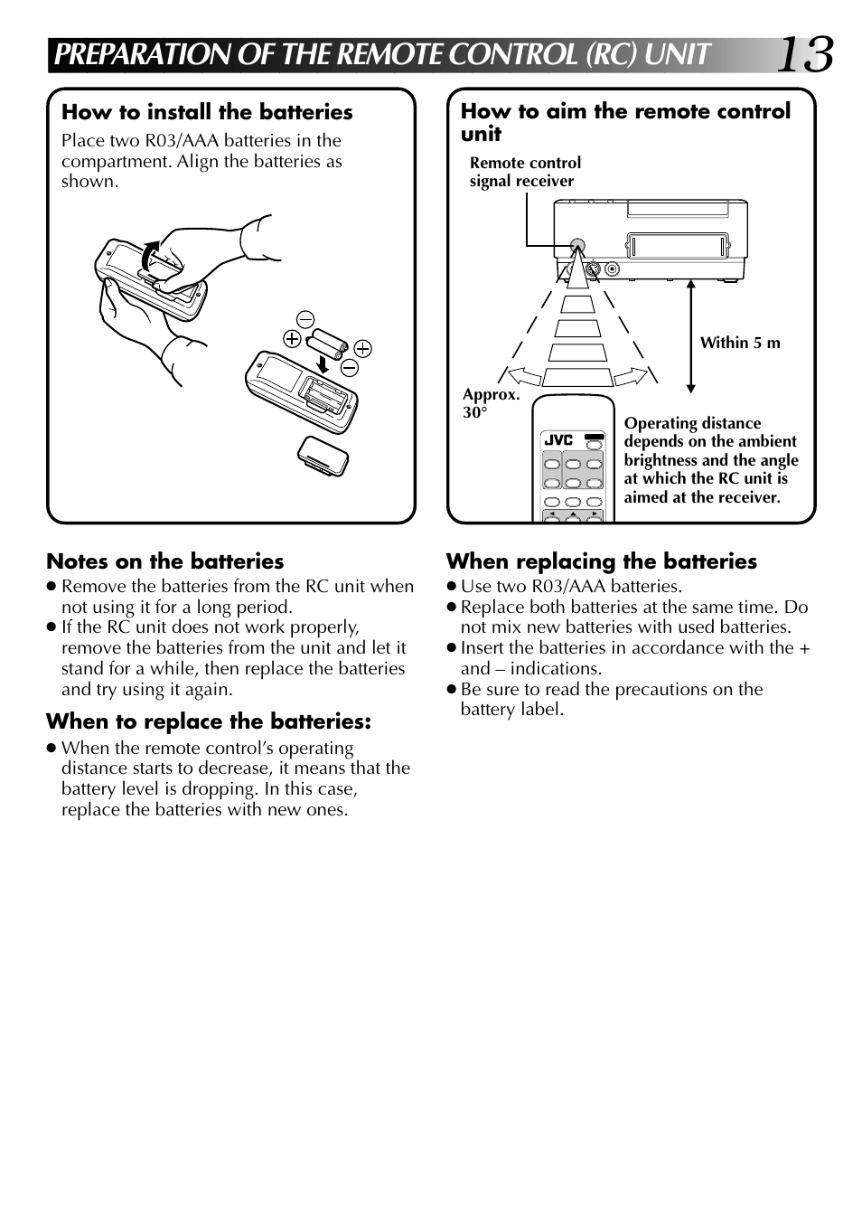 Preparation of the remote control (rc) unit | JVC GV-PT2U User Manual | Page 13 / 76