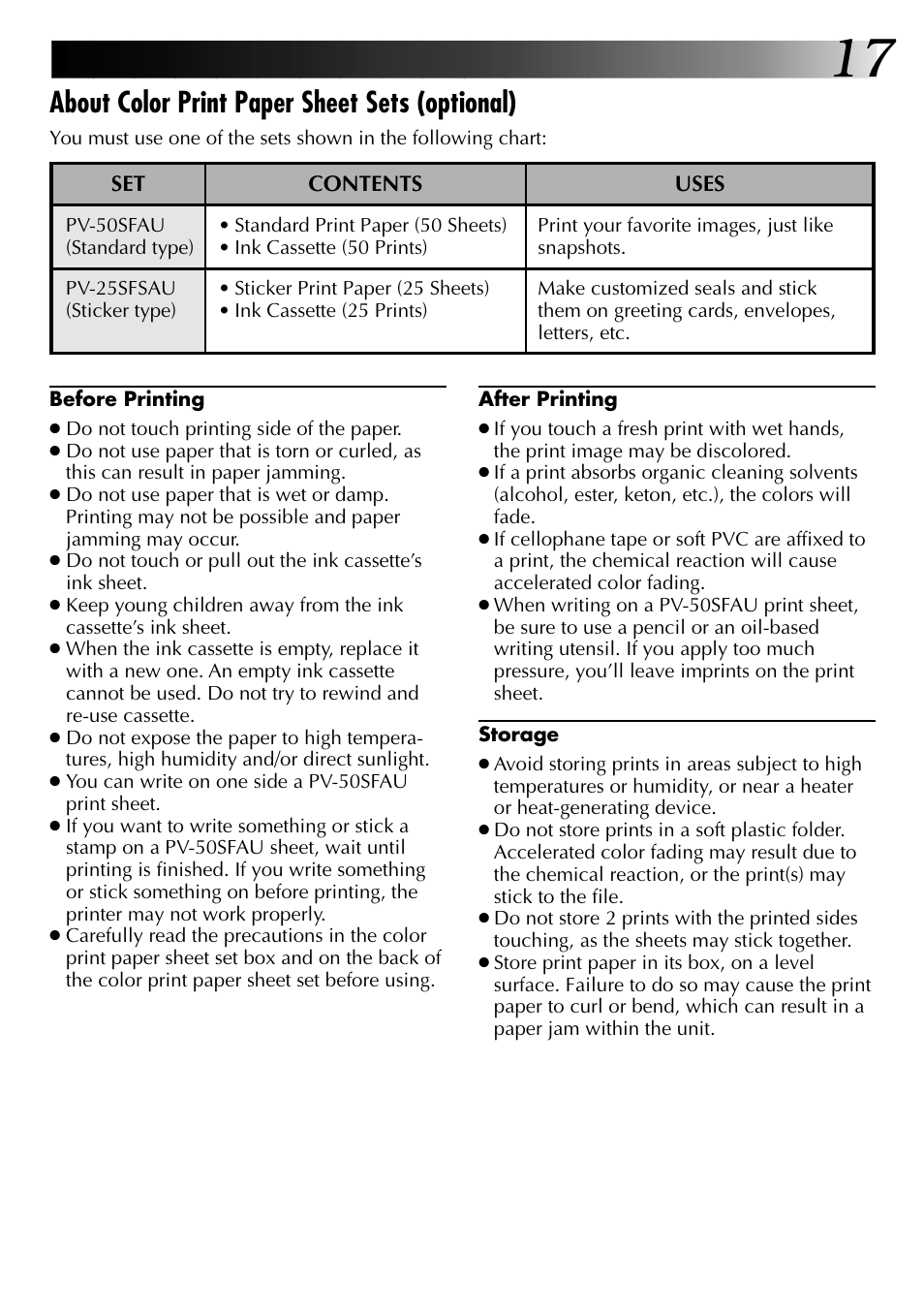 About color print paper sheet sets (optional) | JVC GV-PT2U User Manual | Page 17 / 76