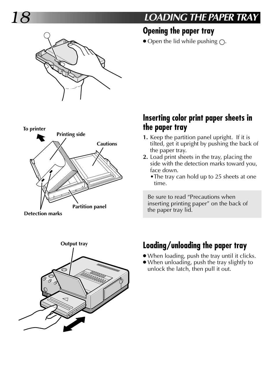 Loading the paper tray, Opening the paper tray, Loading/unloading the paper tray | JVC GV-PT2U User Manual | Page 18 / 76