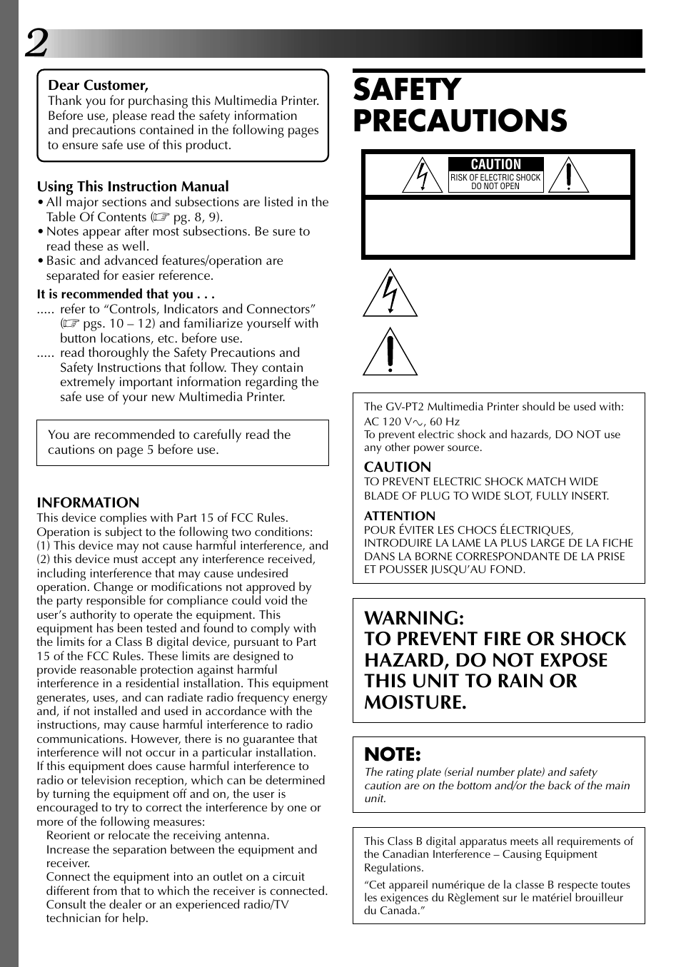 Safety precautions | JVC GV-PT2U User Manual | Page 2 / 76