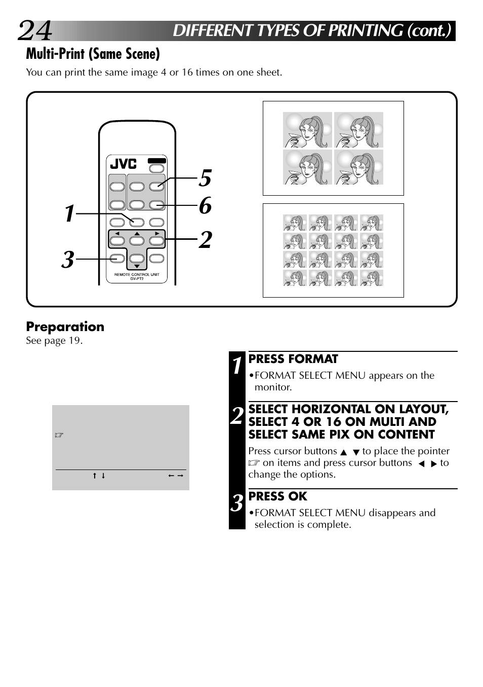 Different types of printing (cont.), Multi-print (same scene), Preparation | JVC GV-PT2U User Manual | Page 24 / 76