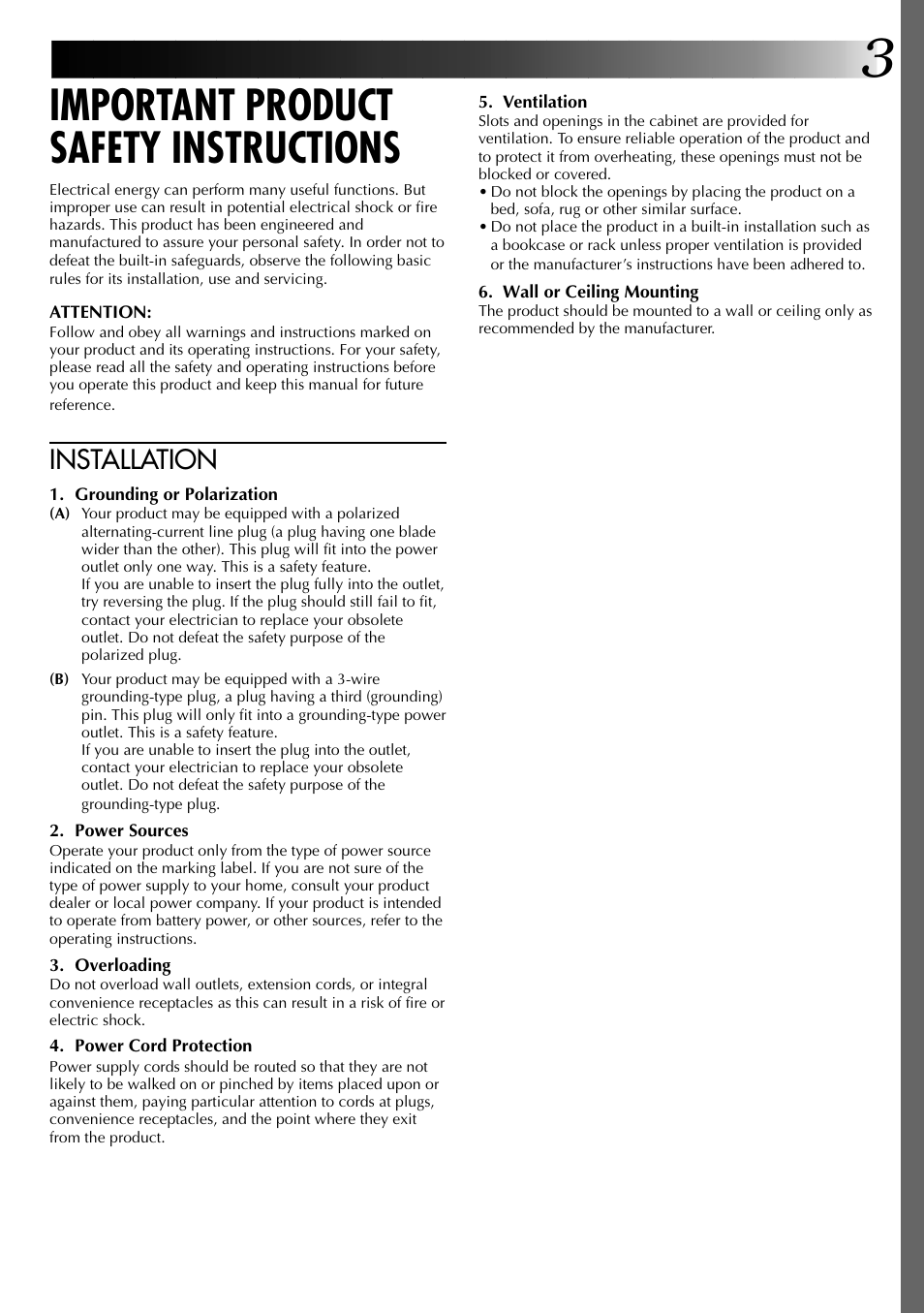 Important product safety instructions, Installation | JVC GV-PT2U User Manual | Page 3 / 76