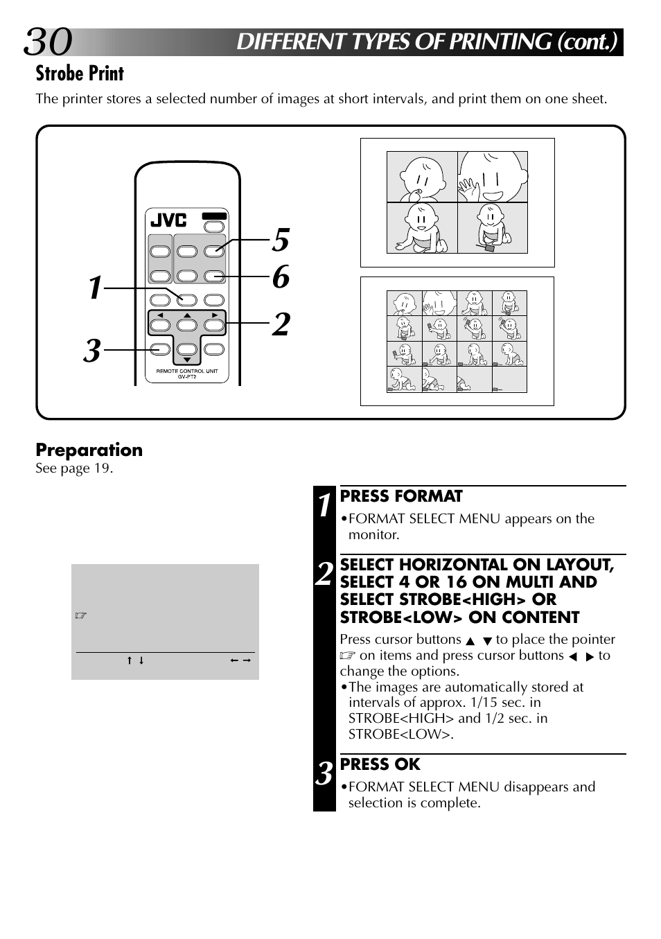 Different types of printing (cont.), Strobe print, Preparation | JVC GV-PT2U User Manual | Page 30 / 76
