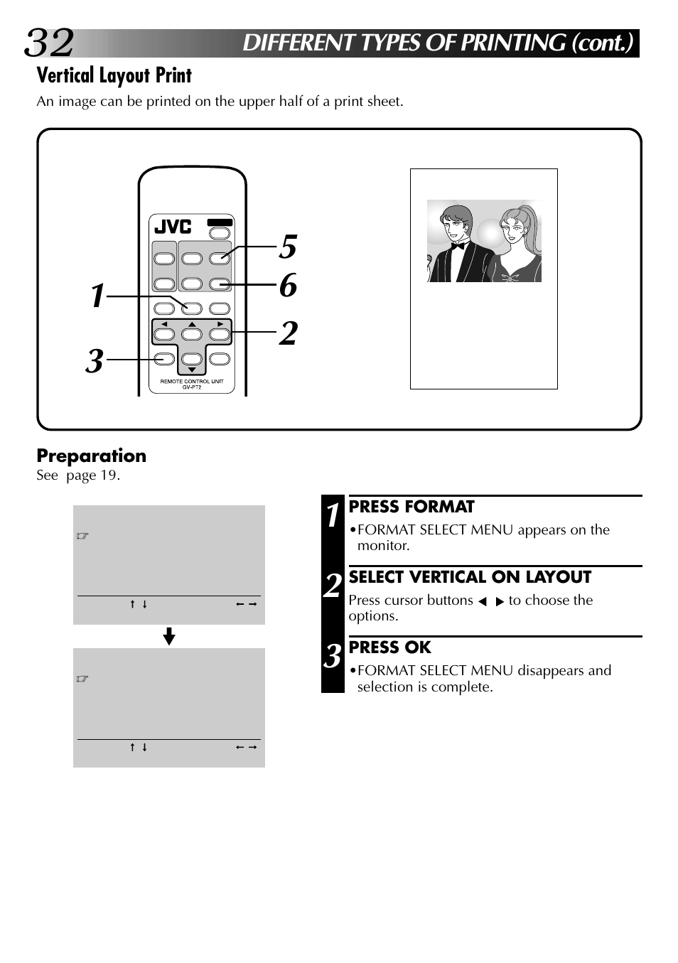 Different types of printing (cont.), Vertical layout print, Preparation | JVC GV-PT2U User Manual | Page 32 / 76