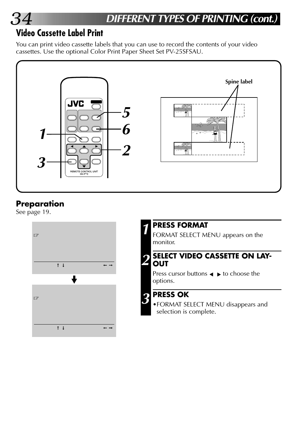 Different types of printing (cont.), Video cassette label print, Preparation | JVC GV-PT2U User Manual | Page 34 / 76